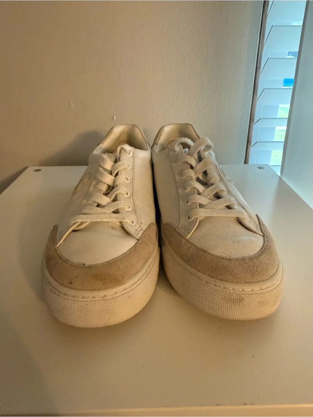 Tory Burch White and Beige Suede-Trim Leather Sneakers